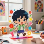 Custom acrylic stand showcasing a vibrant anime character in a child's creative room.
