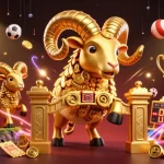 Casino en ligne : Illustration dynamique avec un bélier doré chargeant à travers des éléments de jeu.