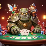 Découvrez l'animation magique d'un casino en ligne avec un golem de pierre et des éléments de poker captivants.