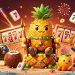 Jouez à un casino en ligne avec le roi ananas doré et ses gardes sur une plage animée.