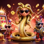 Illustration de casino en ligne avec Méduse et un guerrier souris, machines à sous explosant de pièces.