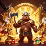 Jouer au casino en ligne avec un ours viking et une aigle valkyrie dans un décor riche de trésors.