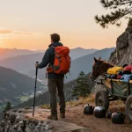 Adventurer at breathtaking mountain viewpoint with rokok 88 gear, showcasing stunning landscape during sunset.